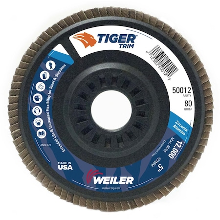 Weiler 5" Tiger Flap Disc, Conical (TY29), Backing, 80Z, 7/8" 50012